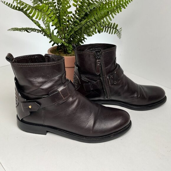 Tory Burch Colton Flat Leather Bootie Dark Brown logo Size 6 - Picture 6 of 15